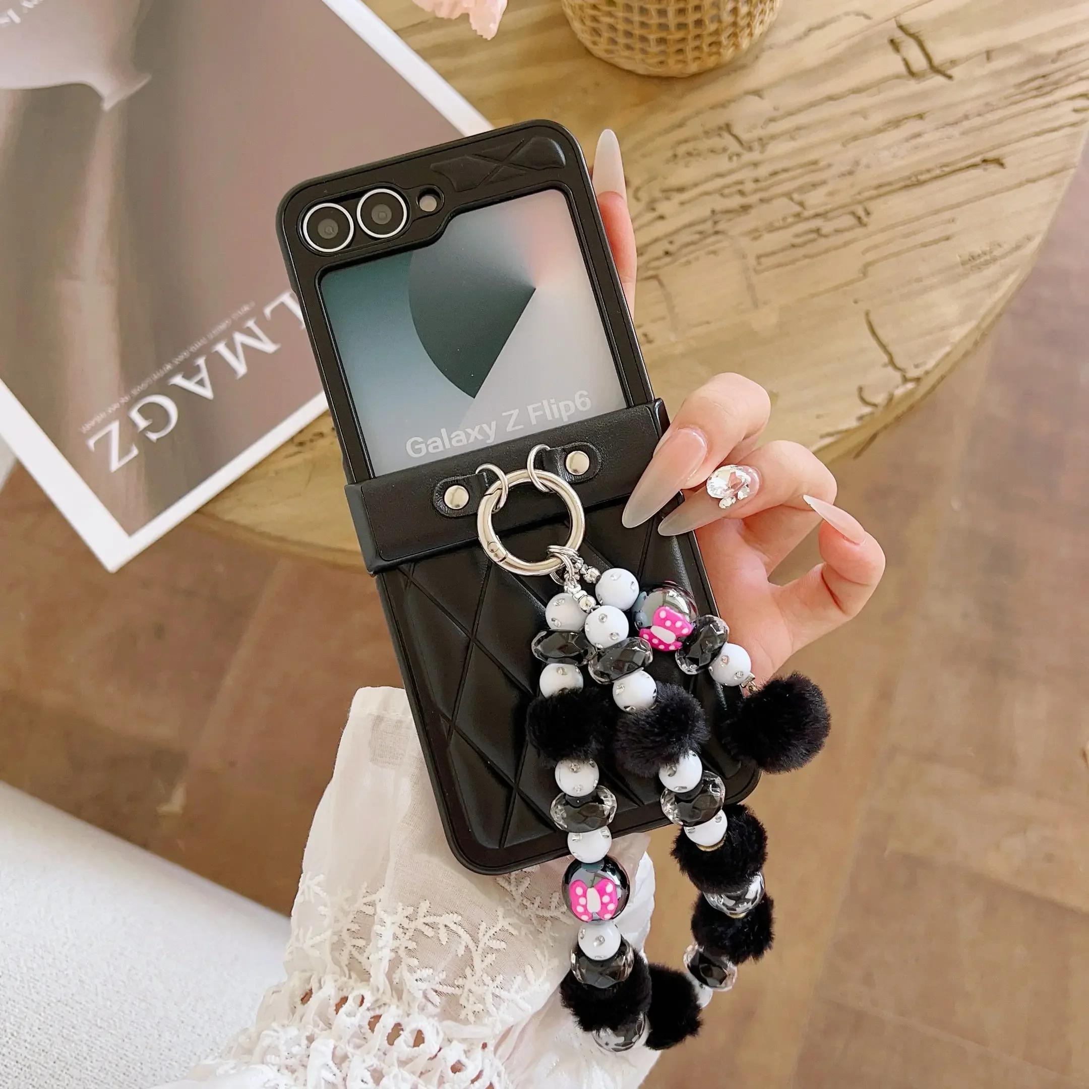 

Милый чехол-ремешок из искусственной кожи с блестками и бусинами для Samsung Galaxy Z Flip 6 5 4 3, защита шарниров, противоударный чехол For Samsung Galaxy Z Flip6