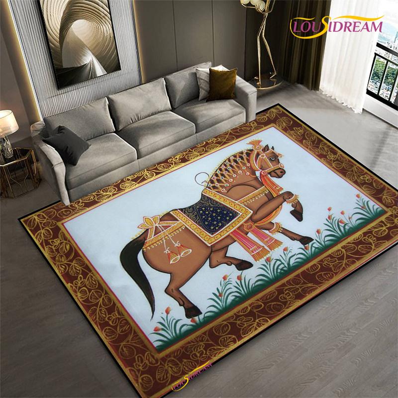 Fashion Ethnic Frame Carpet Horse Home Decor Rectangle Room Rug Black Green Orange Living Room Bedroom Bedside Floor Table Mat