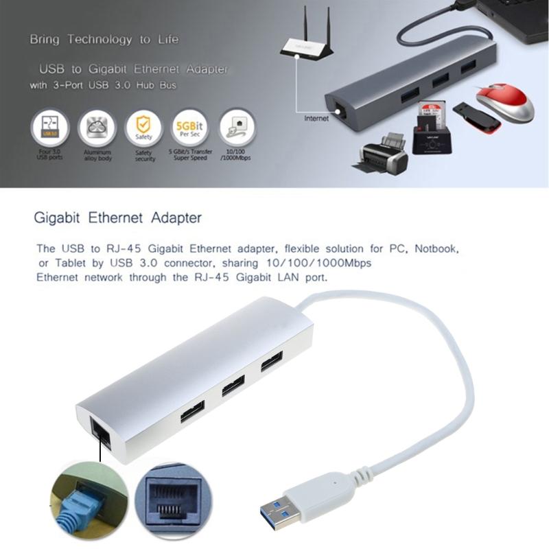 USB3.0 to Ethernet Adapters 3 Port USB3.0 Hub with 1 Gigabits Ethernet Port Laptops Networking Adapters Expander