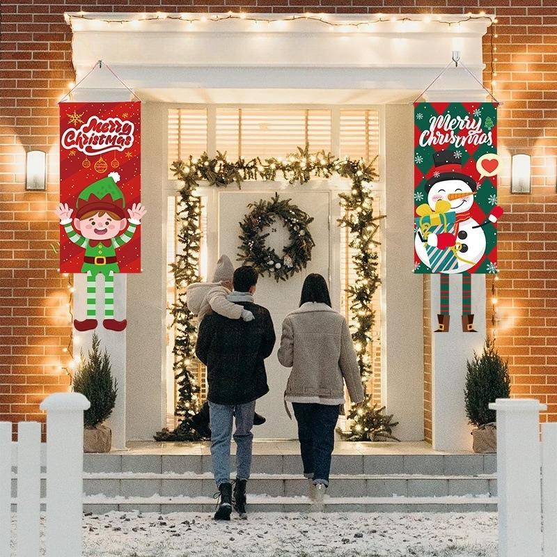Christmas couplet hanging flag, snowman vertical door hanging, courtyard porch Christmas decoration hanging cloth party layout banner