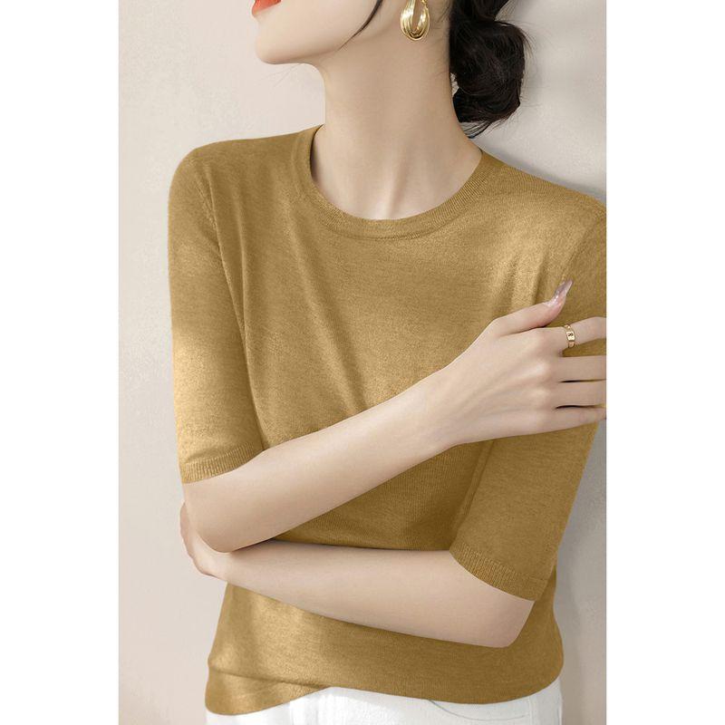 

Niche Green round Neck Design Pullover Knitted Bottoming Shirt Women Spring New Half Sleeve Loose All-Match Temperament Top Mustard yellow S