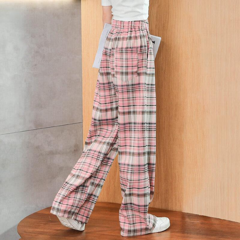 Moonkids Girls' Summer Ice Silk Anti-Mosquito Straight Wide-Leg Plaid Pants