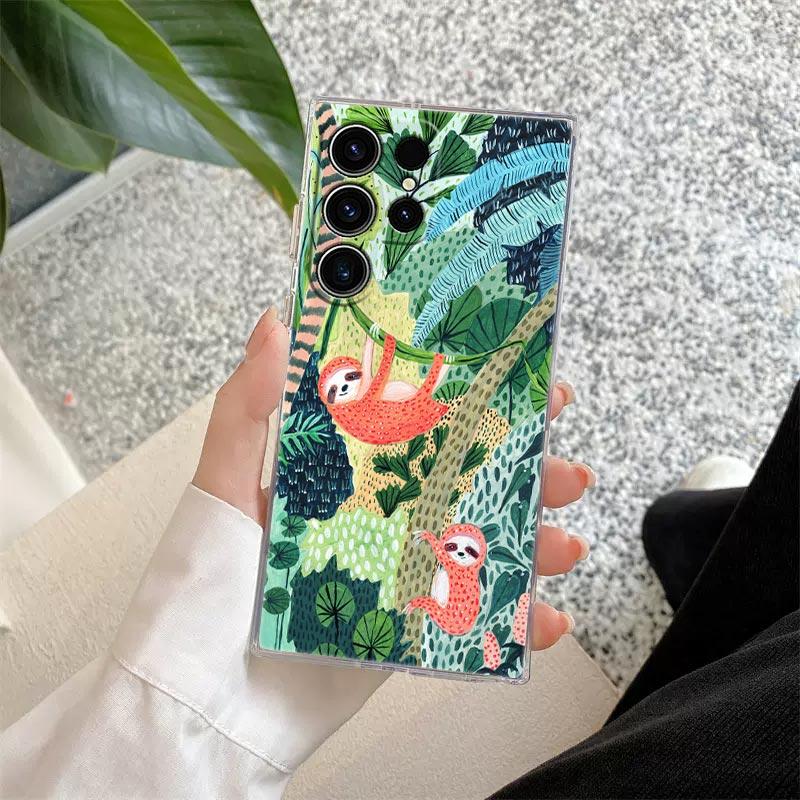 Tropical Jungle Print Leopard Sloth Rainforest Cat Phone Case For Samsung Galaxy S24 S23 Ultra S22 S20 Plus S21 FE Clear Fundas