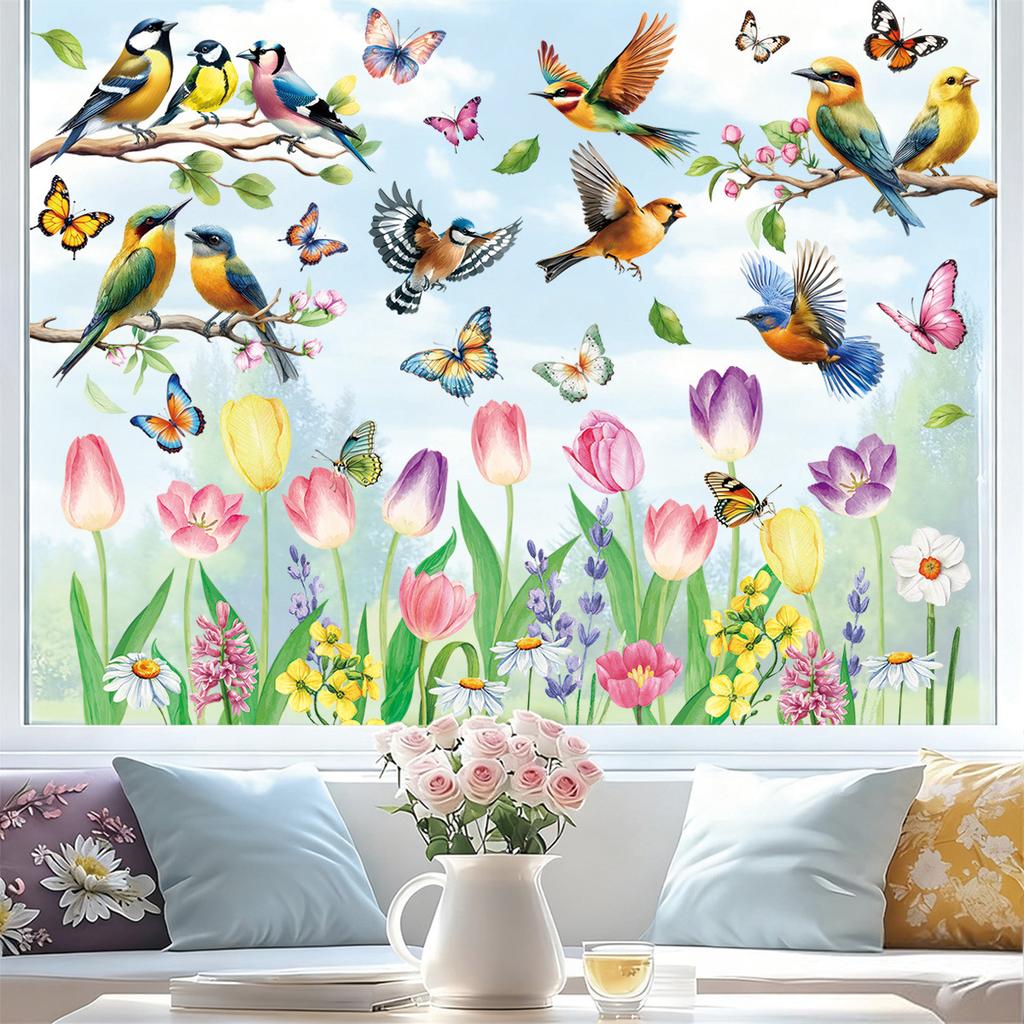 Spring 2026 New Butterfly Hummingbird Flower Static Cling Window Stickers for Home Decor Room Atmosphere