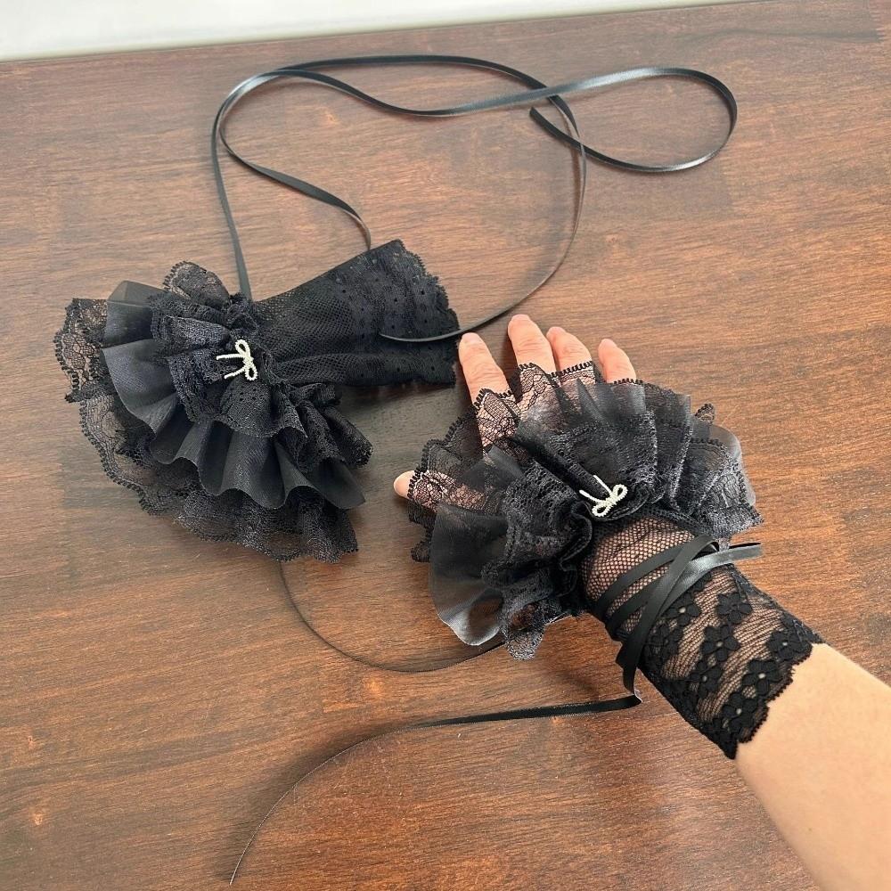 Flare Style Lace Wrist Cuffs Silk Ribbon Flare Cuffs Vintage Ruffles Gloves  Girl