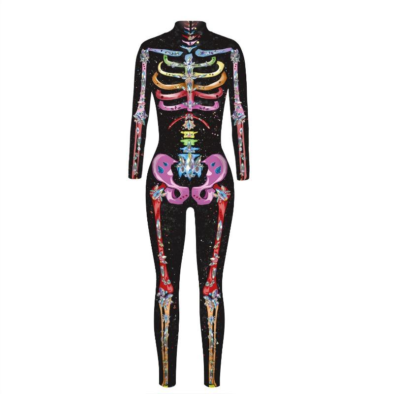 Painted Gold Skull Skeleton 3D Print Cosplay Costume Sexy Jumpsuit Halloween Bodysuit Adult Carnival Party Monos Mujer