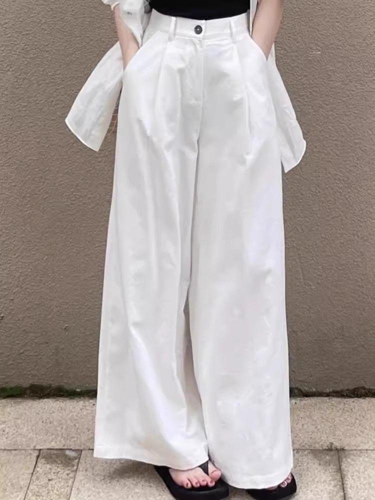 Women's White Wide-Leg Denim Pants: Slimming Drape for Spring/Autumn, Pear-Shaped Fit, Loose, Thin Style, Casual Elegance.