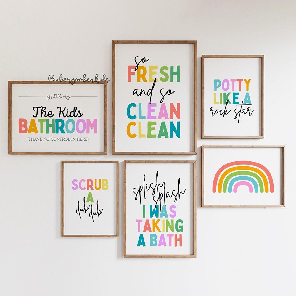 Kids Bathroom Art Wall Poster Print Set of 6 Color Quote Nursery Kids Room Canvas Painting Room Home Decor Rainbow Baby Bedroom