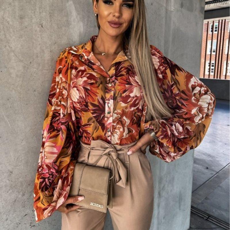 

European Station Single-Breasted Large Flower Long-Sleeve Shirt Orange Flower 2XL