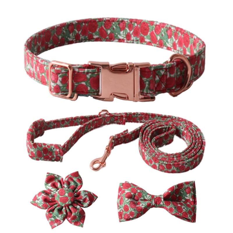 Fashion Dog Collar+Leash+Necktie Set Completes with Colorful Floral Print Bow Perfect for Pets Outstanding in the Crowd