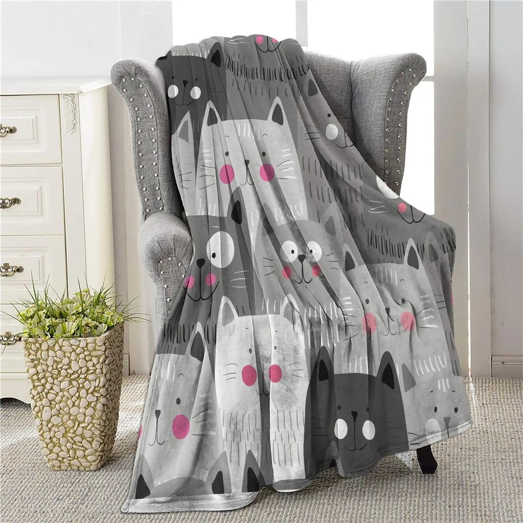 Cute Cat Print Flannel Blanket Sofa Bedroom Blanket Soft Portable Nap Blanket