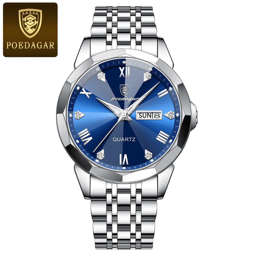 POEDAGAR Orologio da uomo di lusso originale impermeabile luminoso con data settimana acciaio inossidabile quarzo moda