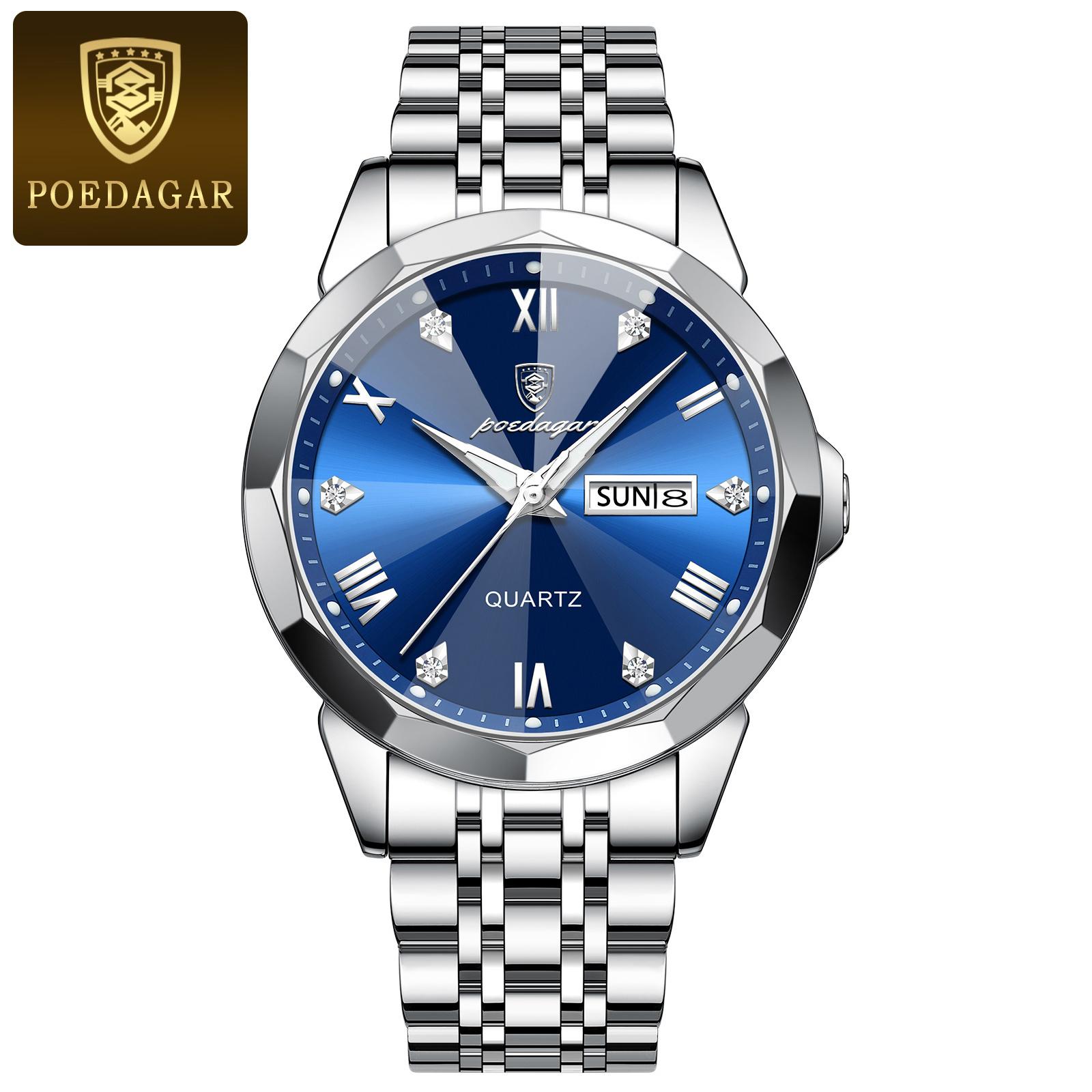 

POEDAGAR Luxury Original Men Clock Waterproof Luminous Date Week Business Watch Stainless Steel Quartz Fashion Watches срібний/синій