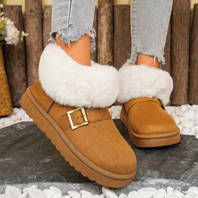 Women's Faux Fur Lined Ankle Snow Boots, Slip-On Fleece Winter Shoes, Thick Warm Casual Footwear
