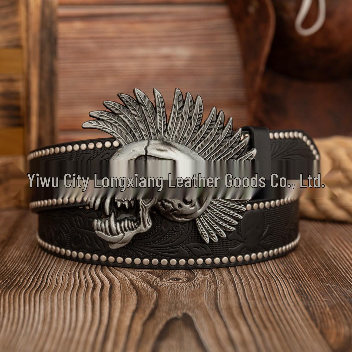 Retro Punk Skull Buckle Leather Belt with Feather Spikes 120cm чёрный