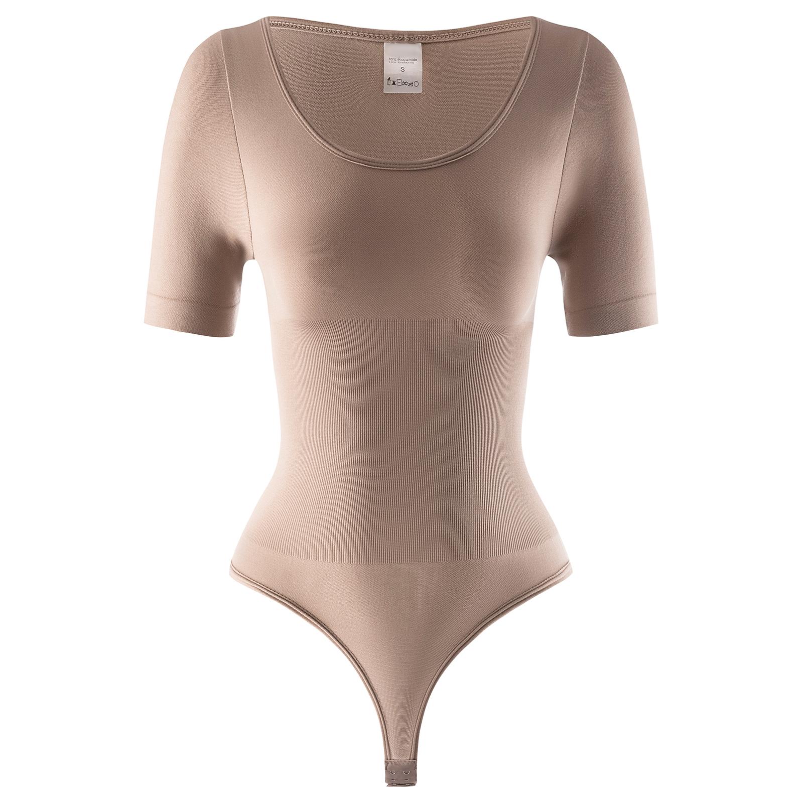 

Женский боди-стринги с коротким рукавом и круглым вырезом, корректирующее белье для живота, компрессионные трико, утягивающее боди M бежевый