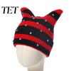 Warm Winter Gift for Her Cat Ear Hat Women Girls, Striped Slouchy Crochet Headgear Retro Style with Shiny Rhinestones, Cute Knitted Cap Fashionable