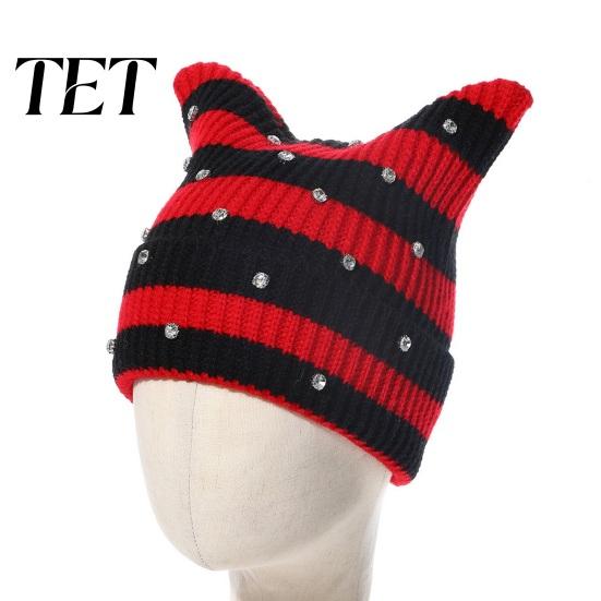 Warm Winter Gift for Her Cat Ear Hat Women Girls, Striped Slouchy Crochet Headgear Retro Style with Shiny Rhinestones, Cute Knitted Cap Fashionable