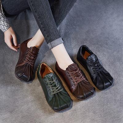 Vintage Handmade Genuine Leather Flat Shoes Square Toe Comfortable Soft Soled Women's Shoes