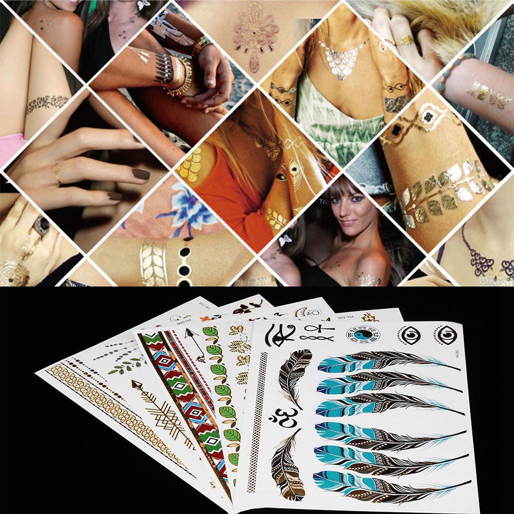 5pcs Mixed Metallic Golden Silver Colorful Pattern Temporary Disposable Tattoo Stickers