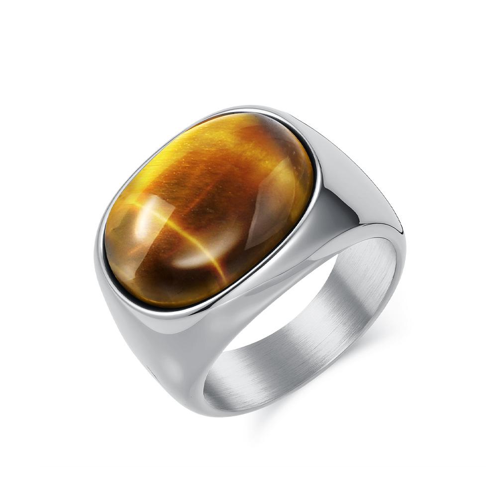 United States hot-selling retro simple natural tiger's eye stone gem titanium steel ring men's fashion personality high-end hand jewelry