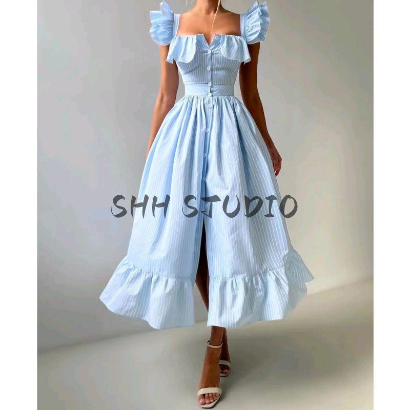 Summer New Arrival Women clothes Sweet Style Square Collar Single Breasted Slim fit Stripe Frill Waist Hugging Long Dress