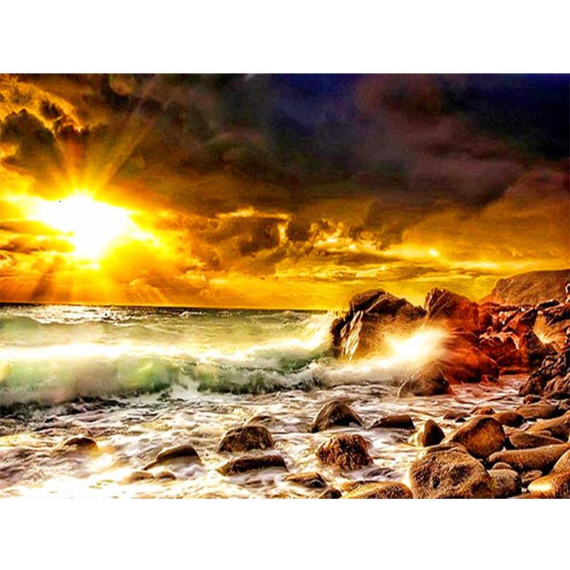 Diamant-Gemälde, 5D-DIY, Meer, voller Bohrer, quadratisch, Diamant-Stickerei, Sonnenuntergang, Bild von Strass-Landschaft, Wanddekoration