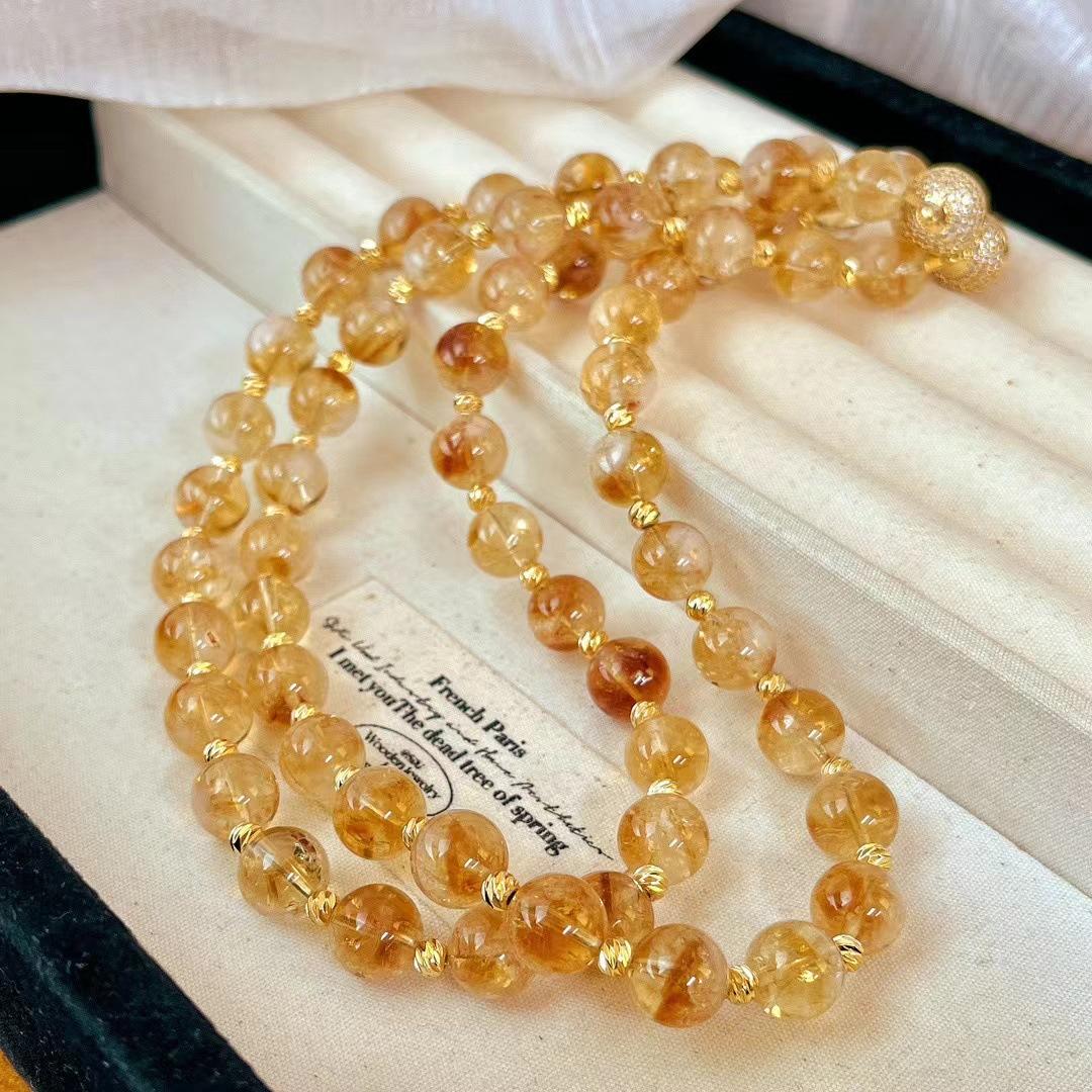 Ретро Национальный Стиль 10 мм Натуральный Цитрин Алмазный Шарик Пряжка Цепочка на Ключицу Круглый Шар Бусины Украшения Простая Цепочка Женская