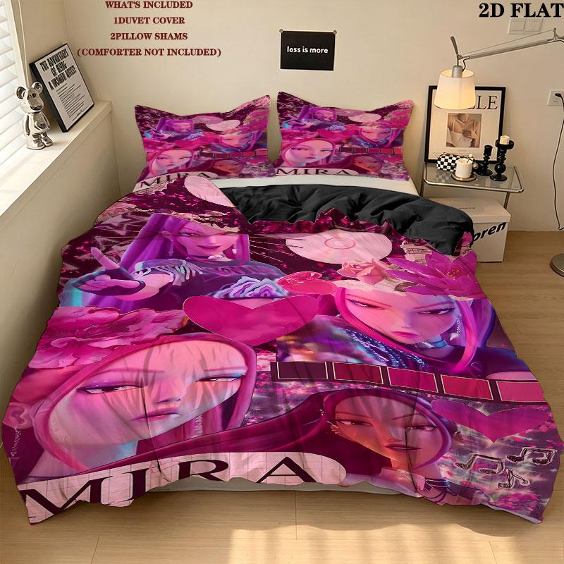 Ensemble de couette Kpop Demon Hunters Motif Housse de couette Taie d'oreiller Maison Cadeau d'anniversaire(1 housse de couette + 2 taies d'oreiller, sans garniture.)