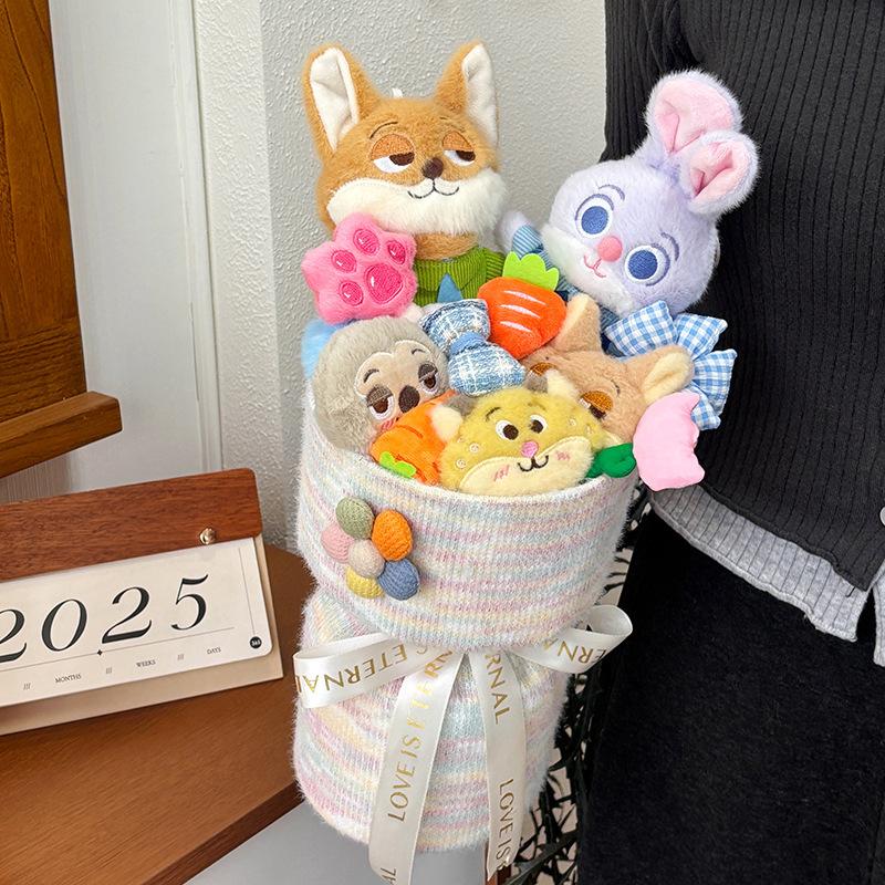 Hot Zootopia 2 Plush Flower Bouquet - Nick & Judy Stuffed Animal Doll Arrangement, Cartoon Character Gift Set, Detachable