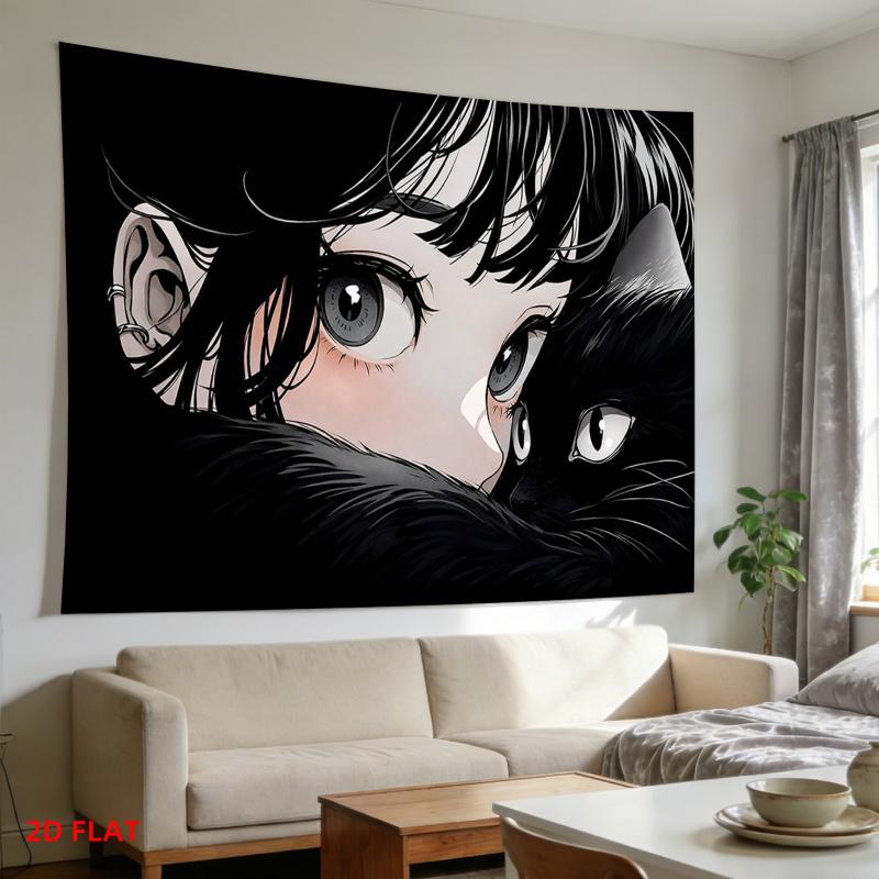 Cozy Anime Girl with Cat Tapestry, Aesthetic Wall Art for Bedroom, Living Room, Office & Meditation Space Decor