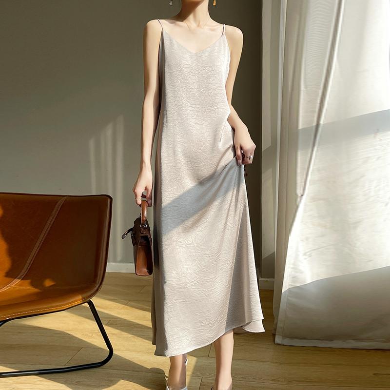 Summer New Style Women's Mulberry Silk Blended Dress Female Slim Waist Medium and Long Commuting Temperament Fashion Breathable Daily Dress