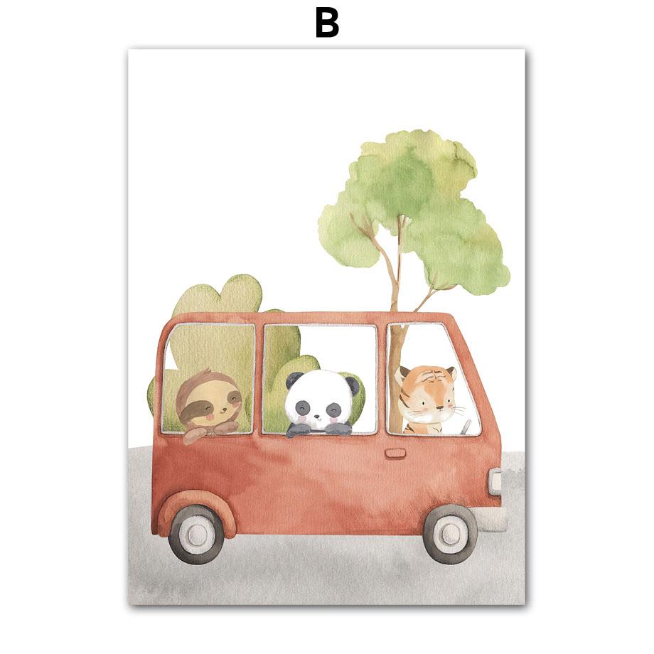 Car Giraffe Lion Elephant Monkey Jungle Animals Wall Art Canvas Painting Nordic Posters And Prints Pictures Baby Kids Room Decor