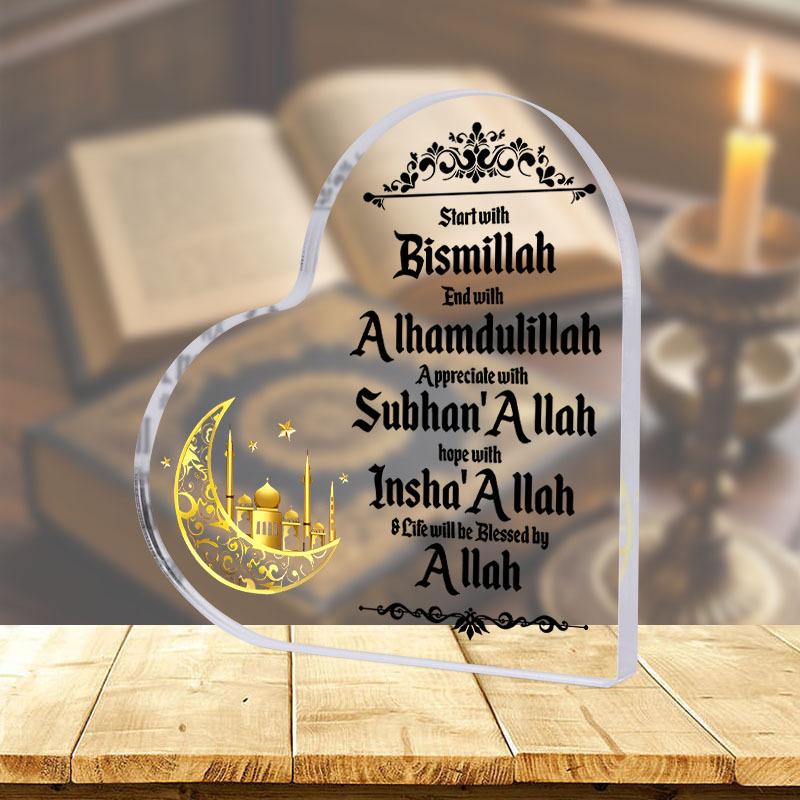 2D Flat Heart Shaped Islamic Acrylic Desktop Decorative Plaque, Home Decor Plaque Hanging Wall Art Decorative Garden Decoration for Room Door Signs Ha