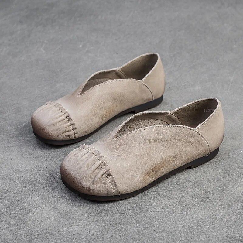 Johnature Zapatos planos retro de cuero genuino con punta redonda, suela suave, zapatos informales sin cordones de Color sólido para mujer