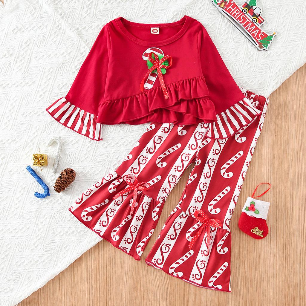 Christmas Kids Girls 2 Piece Outfit Spring Autumn Ruffle Flared Pants Fashion Set Striped Polka Dot For Baby Girl Holiday Valentine's Performance