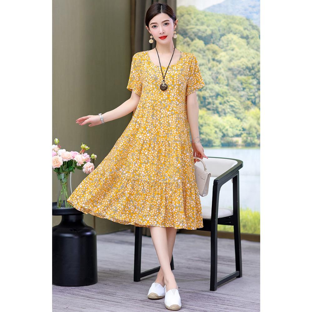 Summer Short-sleeved, Loose and Long Artificial Cotton Dress for Middle-aged and Elderly Women