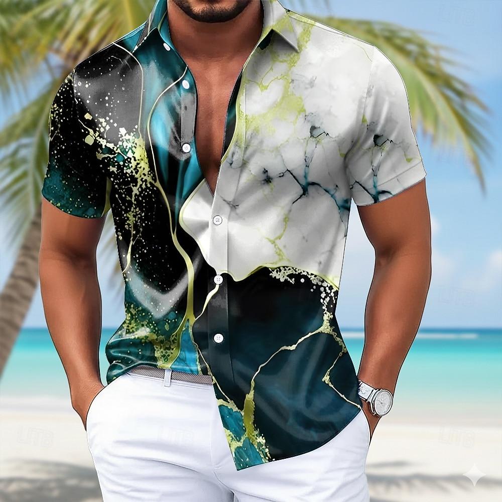 Men's Marble Abstract Liquid Art Shirt Satin Shirt Dress Shirt Short Sleeve Fashion Casual Daily Vacation Summer Spring