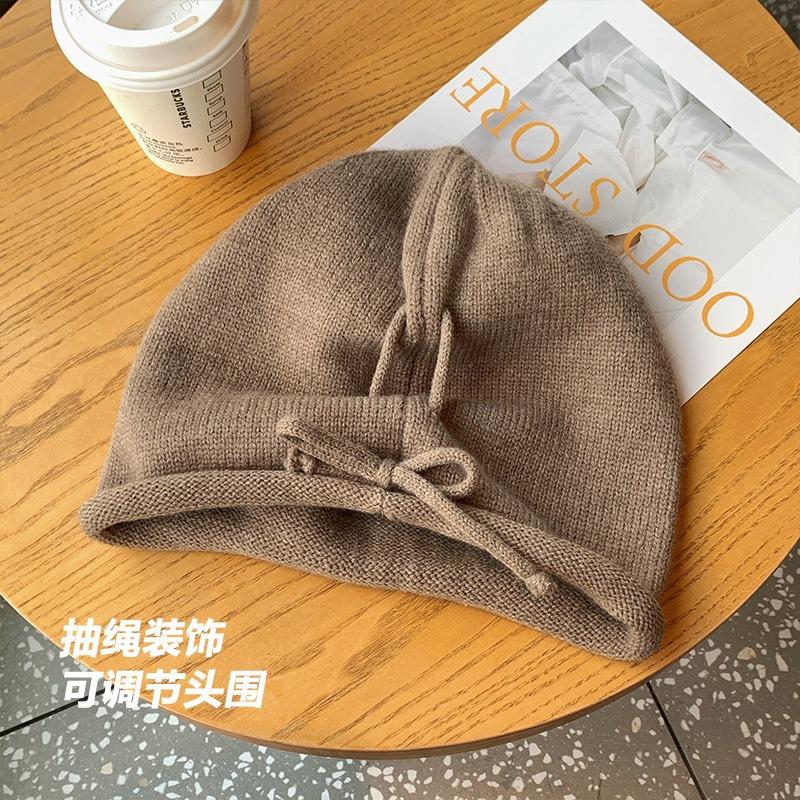 Pullover hat Girls drawstring curling lazy wind stacking hat Baotou hat solid color knitted hat