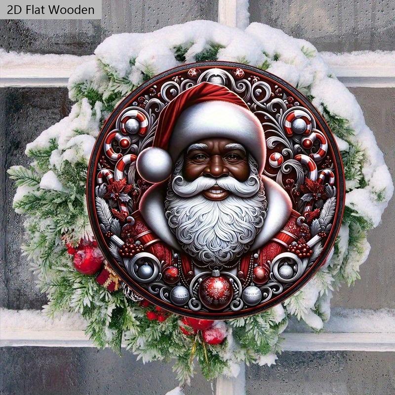 Black Santa Claus Wooden Sign - Navidad Round Sign for Yard Door Wall Hanging Decor - Ideal Christmas Decoration