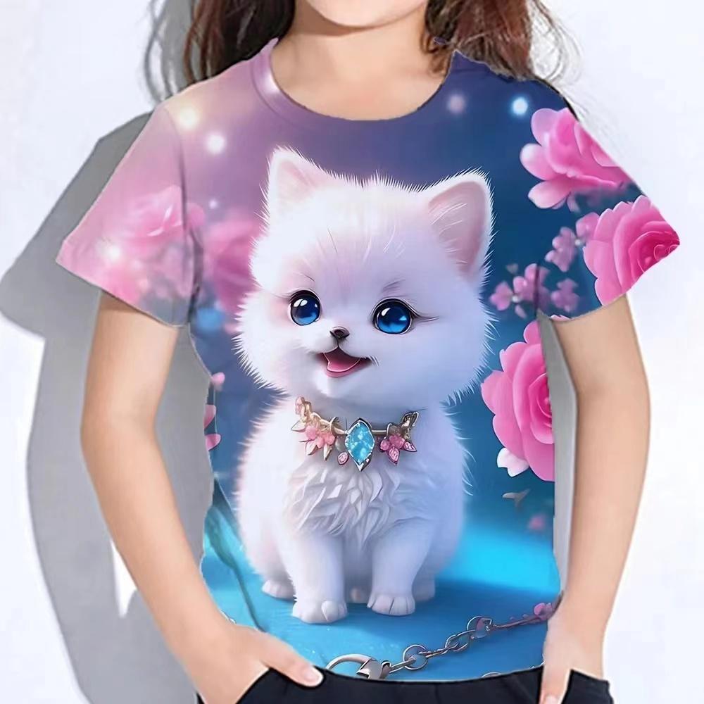 Roliga flickors t-shirts sommar kortärmad topp tecknade djur katt 3d-tryck 2025 flickkläder mode vardagliga t-shirts