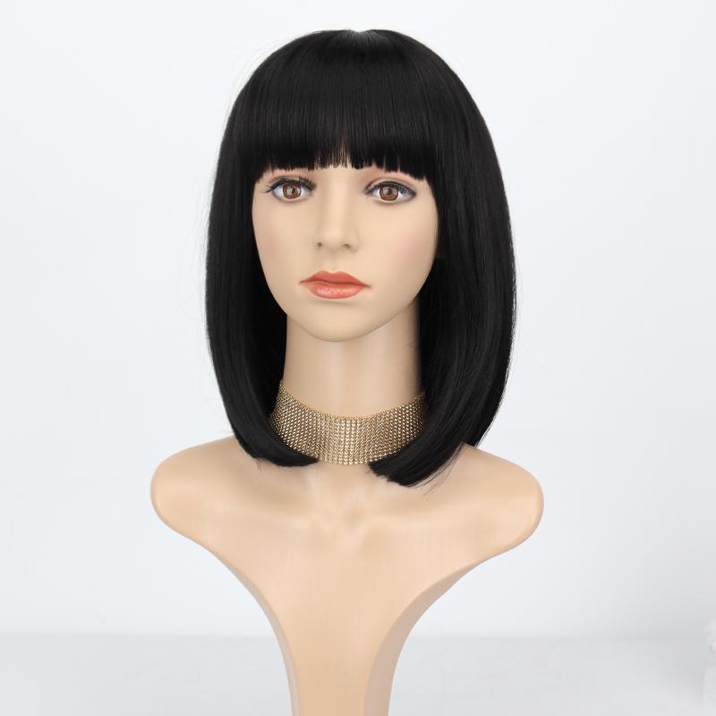 MERISIHAIR Women Short Straight Bob Brown Wig with Bangs Synthetic Fiber Shoulder Length Natural Brown Daily Wear Wig