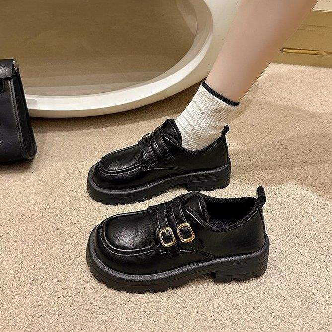 

Heel women s shoes platform loafers 2025 winter new brown small leather shoes velvet warm British cotton shoes 39 чёрный