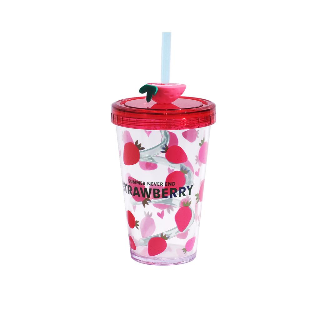 480ml Fruit Patterned Plastic Cup With Straw Transparent Juice Beverage Water Bottle for Drinking Ice Water Coffee Portable Mug