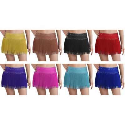 Girls Sparkly Rhinestones Tassel Brief Skirt Solid Color Latin Dance Stage Performance Wear