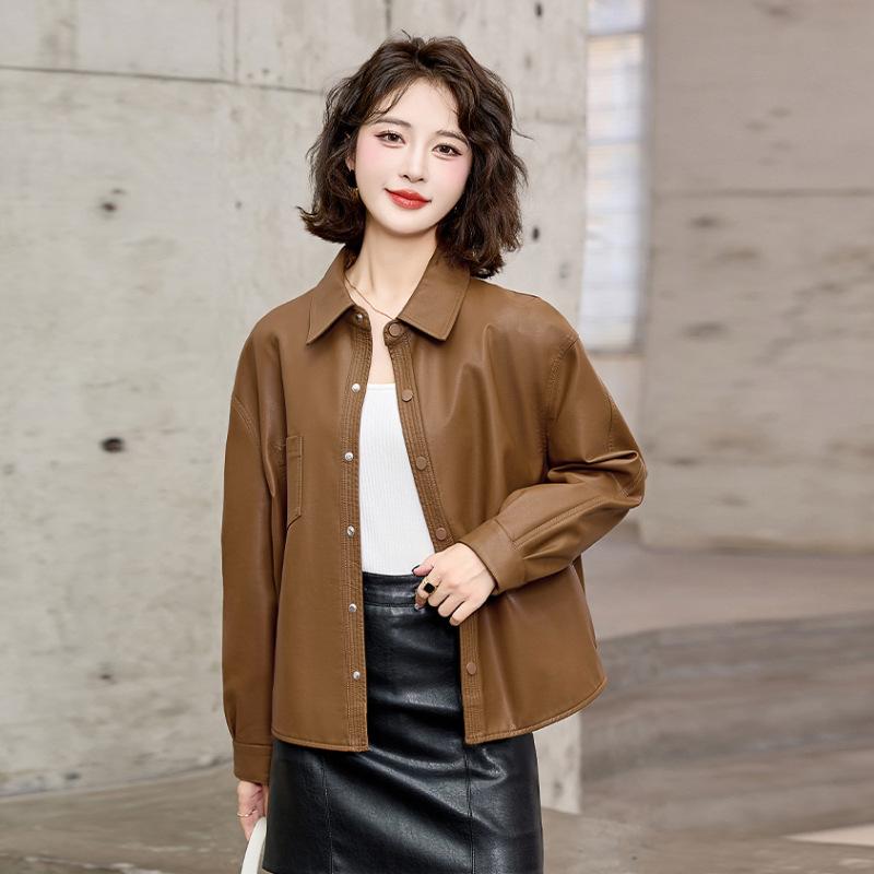 Spring and Autumn New Leather Jacket Women's Fashion Casual Loose and Thin Single-breasted Leather Jacket Trendy