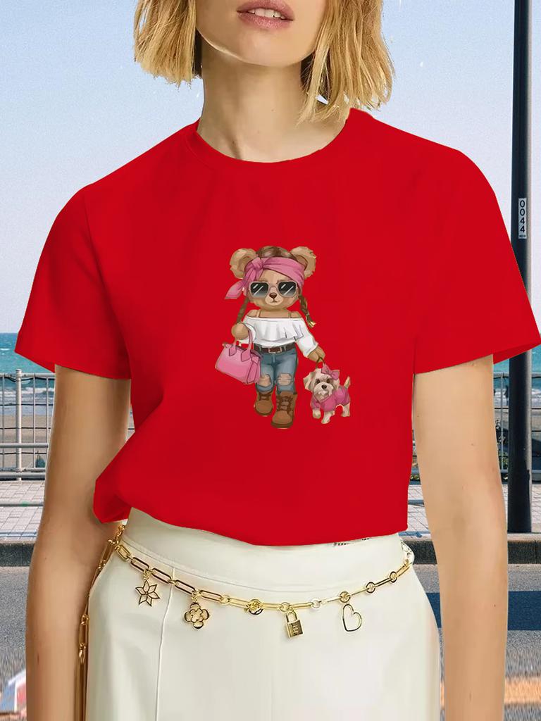 2025 Summer New T Shirt Women Fashion Bear Print Short Sleeve Tops Casual Pullover Street Y2k Fashion Tshirt Female Tees
