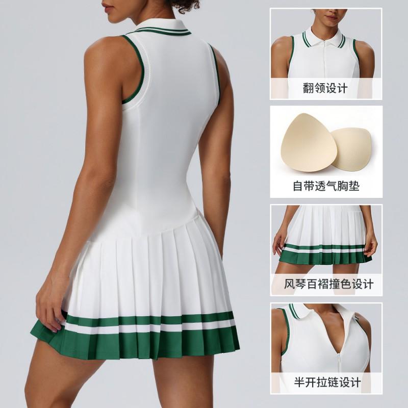Womens Color-Block Collar Tennis Dress With Built-in Bra Pad Quick-Dry Sporty Skirt Gym Running Yoga Outdoor Activities
