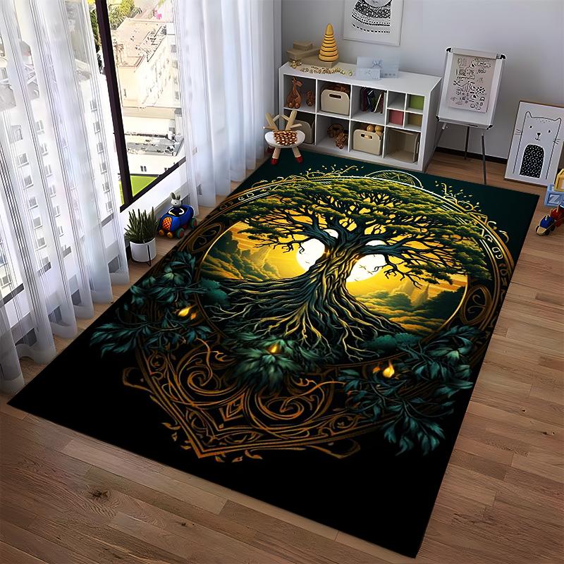"Tree of Life Carpet with Golden Glow and Nature Art Design Print" Suitable for use as an anti-slip for living room bedroom sofas
