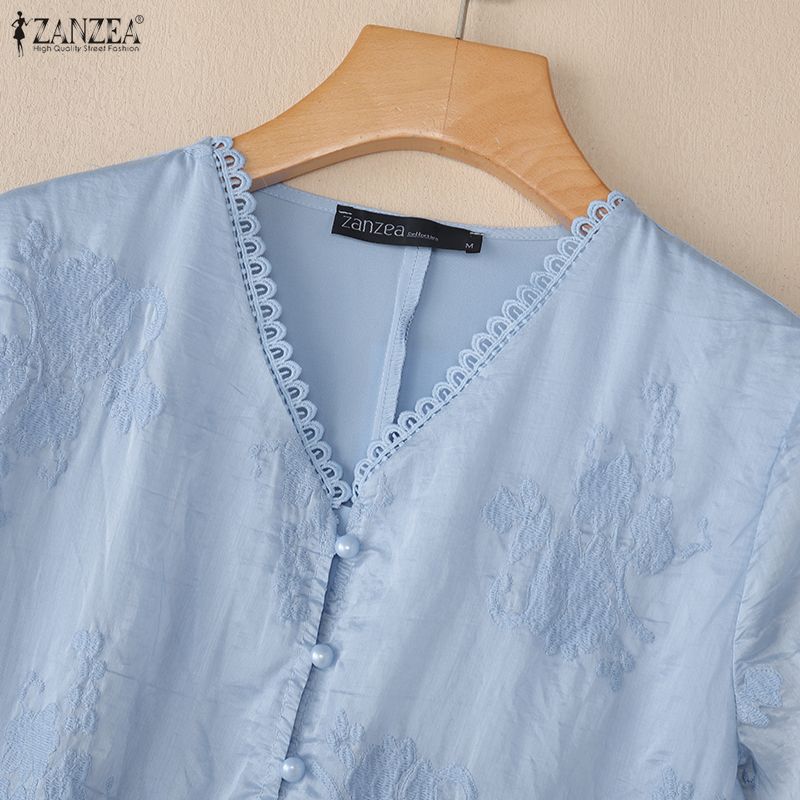 ZANZEA Women Elegant Embroidery Lace Patchwork Casual V-Neck Short Sleeve Blouse
